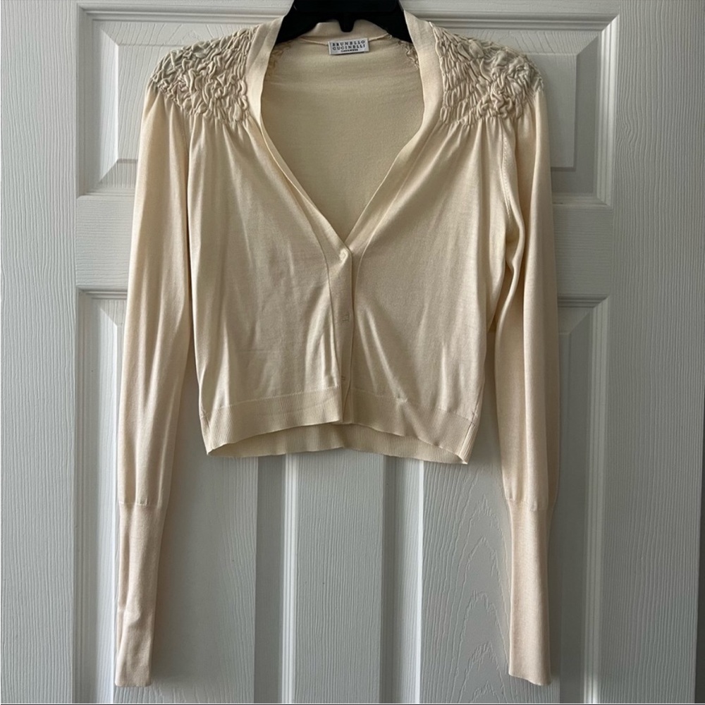 BRUNELLO CUCINELLI cashmere silk blend cropped long sleeve cardigan